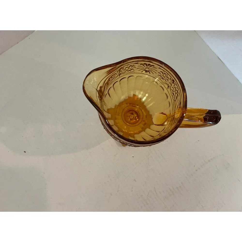 Tiara Vintage Amber Glass Creamer Sandwich Pattern Floral Square Base Small